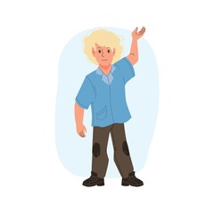 Vector cartoon flat boy character kid happy greeting,waving hand- children's fashion,kids clothing,communication,friendship social concept