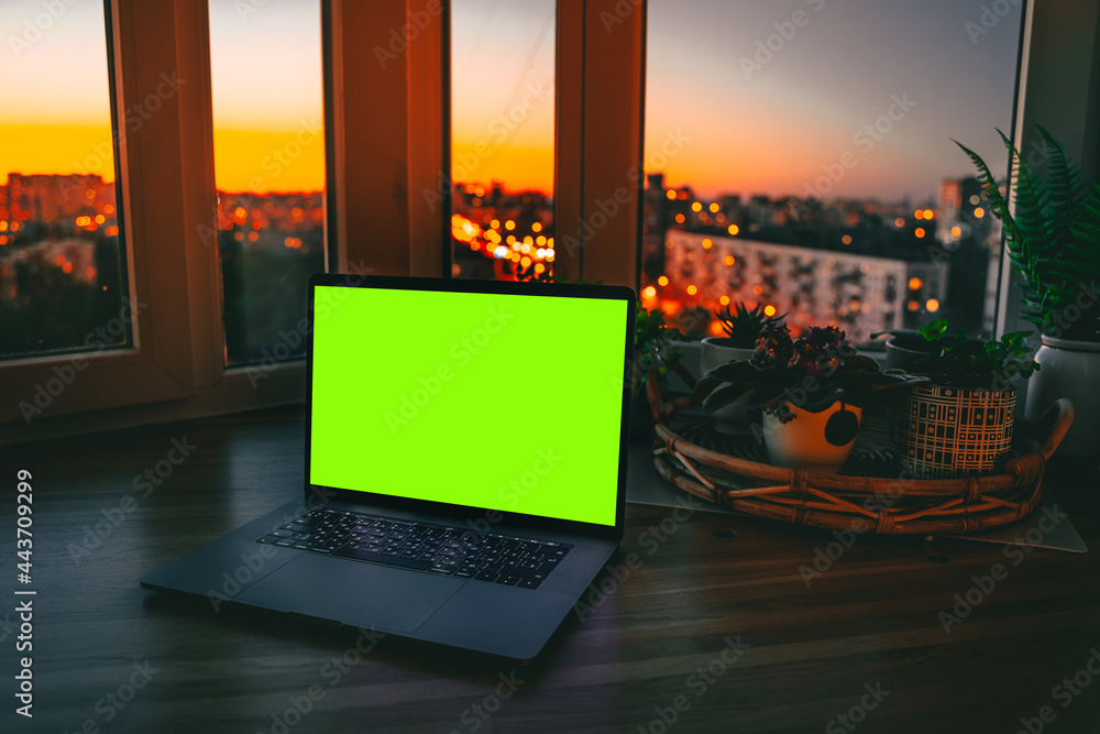 Wall mural a laptop with an empty green screen on a wooden table at night with a view of the city with colored 