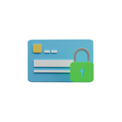 Card security concept 3d illustration. Payment card with lock 3d illustration. Plastic card illustration with security lock