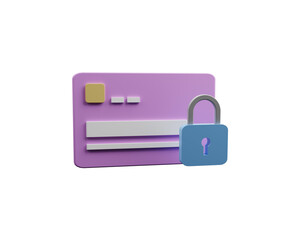 Card security concept 3d illustration. Payment card with lock 3d illustration. Plastic card illustration with security lock