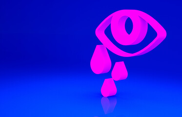 Pink Tear cry eye icon isolated on blue background. Minimalism concept. 3d illustration 3D render