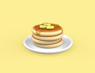 Fluffy Pancakes with Syrup and bananas 3D render model isolate yellow background.