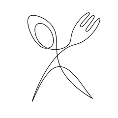 Continuous one line drawing spoon and fork. Doodle restaurant logo. Black and white vector illustration
