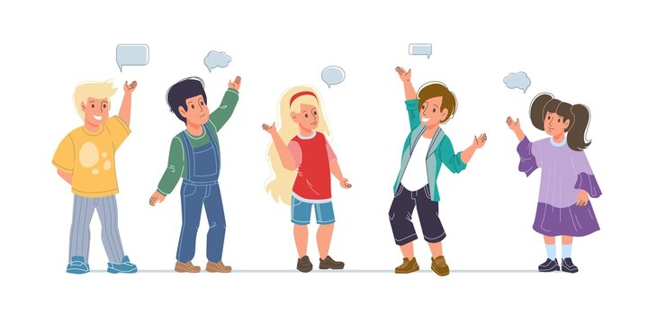 Set of cartoon flat kids characters happy greetings with speech bubbles - various poses, social communication concept