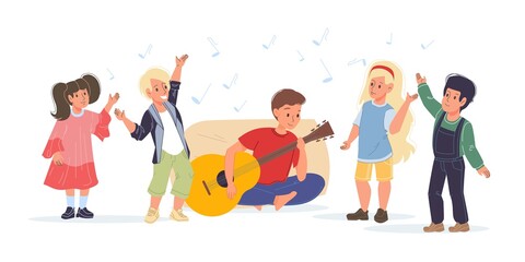 Vector cartoon flat kid characters happy listening to guitar music and dancing - various poses, social communication, friendship concept