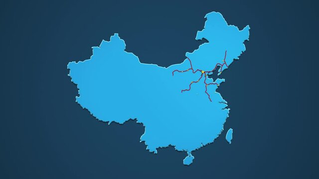 Light blue map of China with cities, roads and railways on a dark blue background. 4K Animation with alpha channel