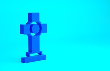 Blue Grave with cross icon isolated on blue background. Minimalism concept. 3d illustration 3D render