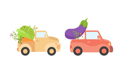Cute Cars Delivering Vegetables, Small Trucks Shipping Eggplant and Cabbage Fresh Ripe Vegetables Cartoon Vector Illustration