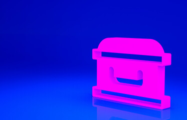 Pink Coffin with christian cross icon isolated on blue background. Happy Halloween party. Minimalism concept. 3d illustration 3D render