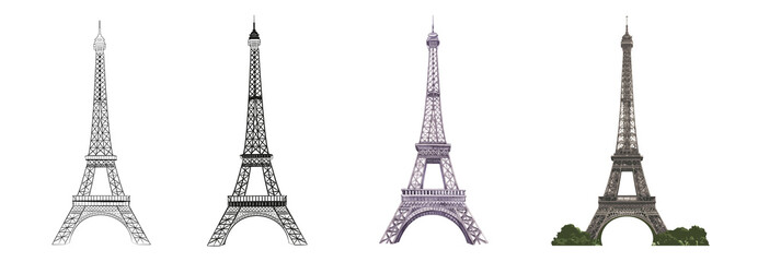 Set of differents Eiffel tower on white background. Watercolor, line art, outline illustration.