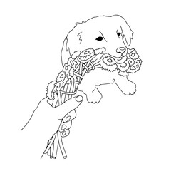 dog with flowers, little puppy gnaws dandelions, vector lineart isolated