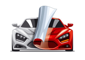 Racing car covered with a color changing film. Version with White background. 