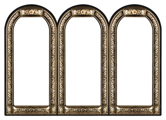 Triple golden frame (triptych) for paintings, mirrors or photos isolated on white background....