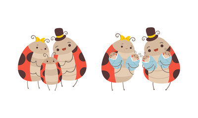 Cute Ladybug Families Set, Cheerful Mom, Dad and their Babies Cartoon Vector Illustration