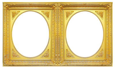 Double golden frame (diptych) for paintings, mirrors or photos isolated on white background