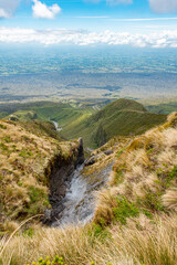 View from Mount Taranaki into the valley on a sunny summer day, New Zealand