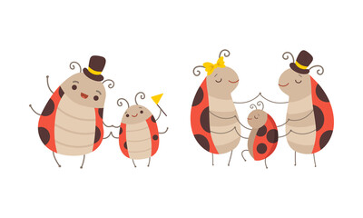 Adorable Ladybug Families Set, Cheerful Mom, Dad and their Babies Characters Cartoon Vector Illustration