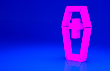 Pink Coffin with christian cross icon isolated on blue background. Happy Halloween party. Minimalism concept. 3d illustration 3D render