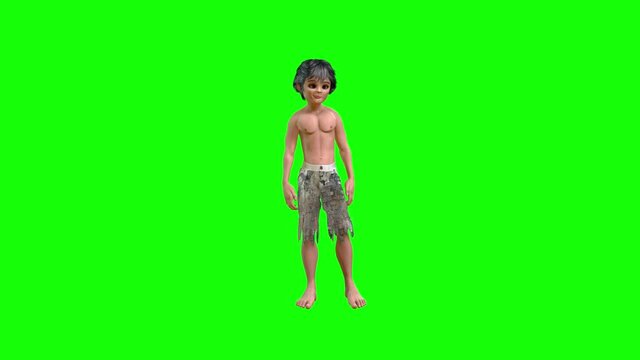 3d animation of toon boy dressed like Mowgli from Jungle book, stand ,looks around, stoops down looking for something and runs forward.