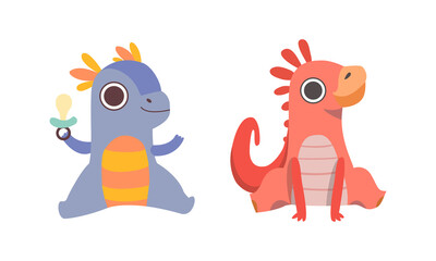 Cute Little Dinosaurs Set, Sweet Colorful Dino Babies with Soother Cartoon Vector Illustration