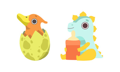 Cute Little Dinosaurs Set, Sweet Colorful Dino Babies Hatching from Eggs and Drinking Milk Cartoon Vector Illustration