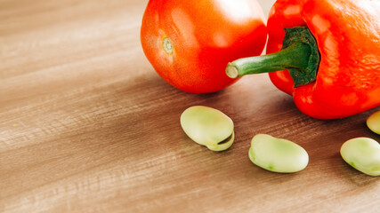 vegetables for the preparation of a salad such as toma mete, paprika and broad beans