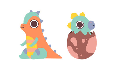 Cute Little Dinosaurs Set, Sweet Colorful Dino Babies Hatching from Egg Cartoon Vector Illustration