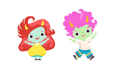 Cute Troll Characters with Different Hair Color Set, Funny Boy and Girl Fantasy Fairytale Creatures Cartoon Vector Illustration