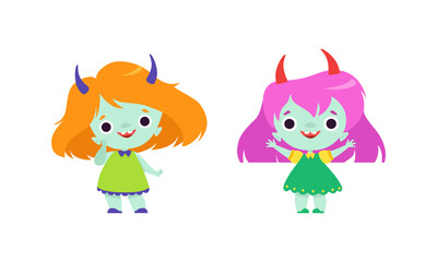 Cute Troll Characters with Different Hair Color Set, Funny Lovely Girs Fantasy Fairytale Creatures Cartoon Vector Illustration