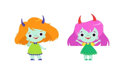 Fotobehang Cute Troll Characters with Different Hair Color Set, Funny Lovely Girs Fantasy Fairytale Creatures Cartoon Vector Illustration © topvectors