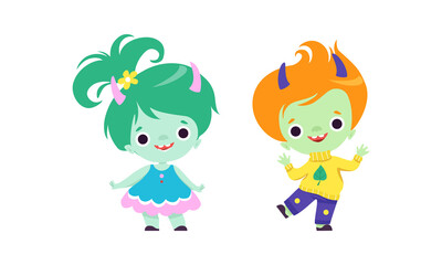Cute Troll Characters with Different Hair Color Set, Tiny Boy and Girl Fantasy Fairytale Creatures Cartoon Vector Illustration