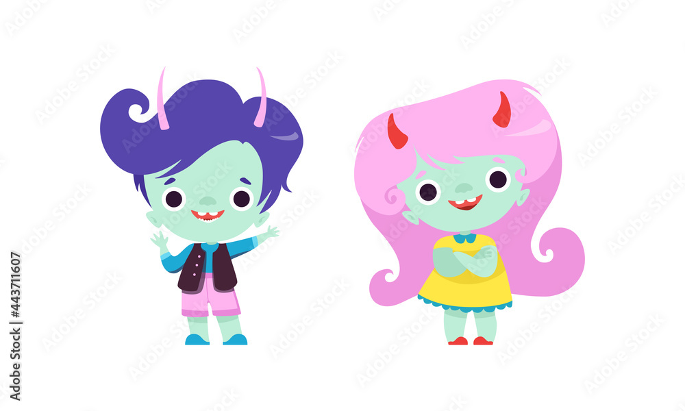 Wall mural tiny troll characters with different hair color set, adorable boy and girl fantasy creatures cartoon - Wall murals