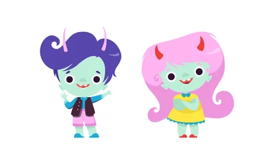 Fotobehang Tiny Troll Characters with Different Hair Color Set, Adorable Boy and Girl Fantasy Creatures Cartoon Vector Illustration © topvectors