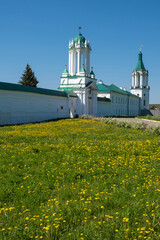 High stone walls of the Spaso-Yakovlevsky monastery in the city of Rostov, Yaroslavl region.