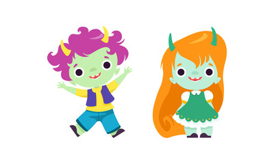 Tiny Troll Characters Set, Funny Boy and Girl Fantasy Creatures with Different Hair Color Cartoon Vector Illustration