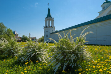 High stone walls of the Spaso-Yakovlevsky monastery in the city of Rostov, Yaroslavl region.