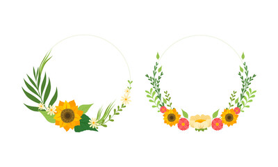 Obraz na płótnie Canvas Round Frames Set, Floral Border Made of Yellow Flowers Vector Illustration