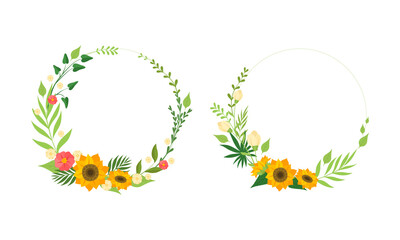 Round Frames Made of Yellow Flowers and Green Leaves Set Vector Illustration