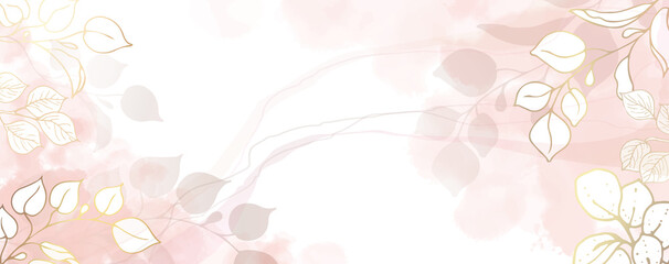 Luxurious golden wallpaper. White background and spots of pink watercolor. Golden leaves with a shiny light texture and abstract stripes. Modern art mural wallpaper. Vector illustration.