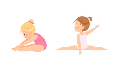 Lovely Little Ballerinas Dancing Set, Cute Little Girls Training Wearing Leotard Cartoon Vector Illustration