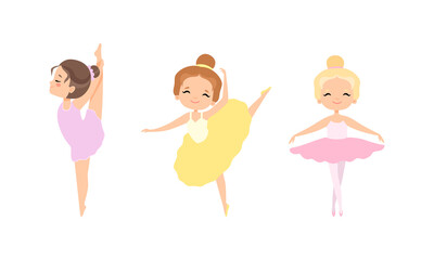 Cute Little Ballerinas Dancing Set, Adorable Little Girls Training at Lesson Cartoon Vector Illustration