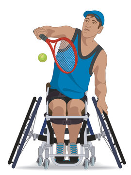 para sports paralympic tennis, physical disabled male athlete sitting in wheelchair hitting tennis ball with racquet, isolated on a white background