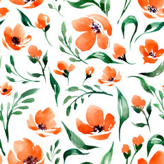 seamless floral pattern with watercolor red flowers