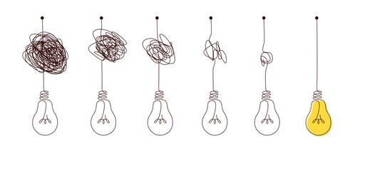 Complex to simple way to create idea - messy clew symbols with light bulb.