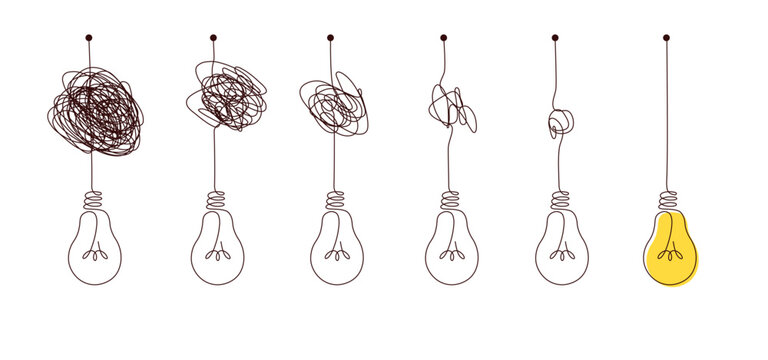 Complex to simple way to create idea - messy clew symbols with light bulb.