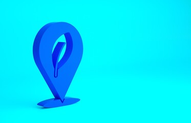 Blue Location with leaf icon isolated on blue background. Eco energy concept. Alternative energy concept. Minimalism concept. 3d illustration 3D render