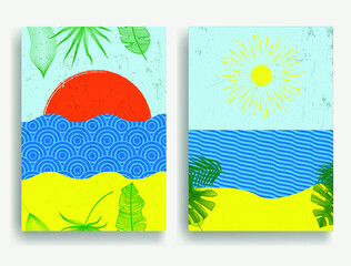 Fototapeta na wymiar Minimal logo design .Sun, moon, waves , sand beach and tropical leaves . Vector aesthetic background