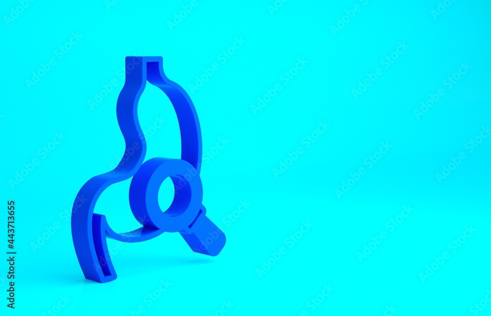 Sticker Blue Human stomach with magnifying glass icon isolated on blue background. Minimalism concept. 3d illustration 3D render