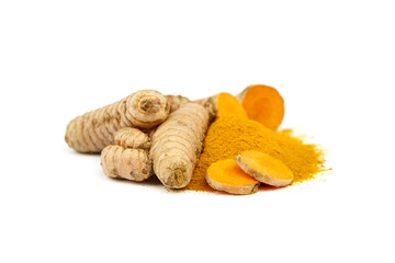 Turmeric spice, curcuma longa roots and powder isolated on white
