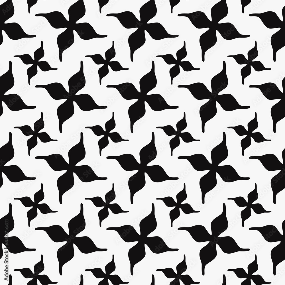 Poster Four petals twisted shapes pattern. Vector seamless black shapes.
